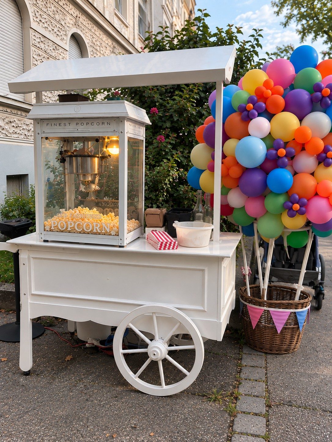 Vintage-Popcornwagen mit bunten Ballons